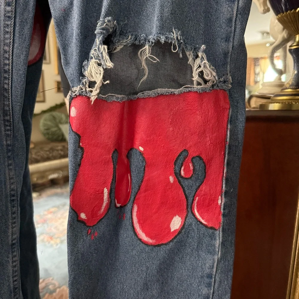 Red Paint Drip and Embroidered Straight Relaxed Fit Jeans
